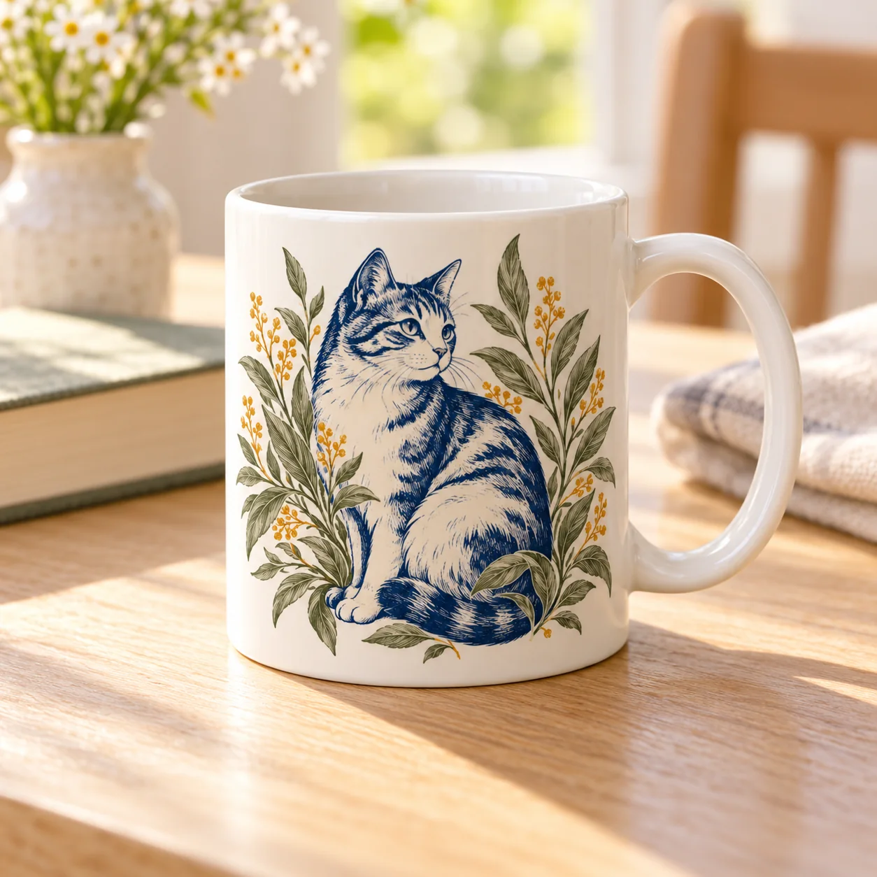 Garden Cat Ceramic Mug — lifestyle view