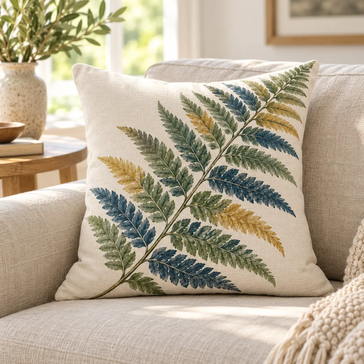 Pressed Fern Square Throw Pillow — lifestyle view