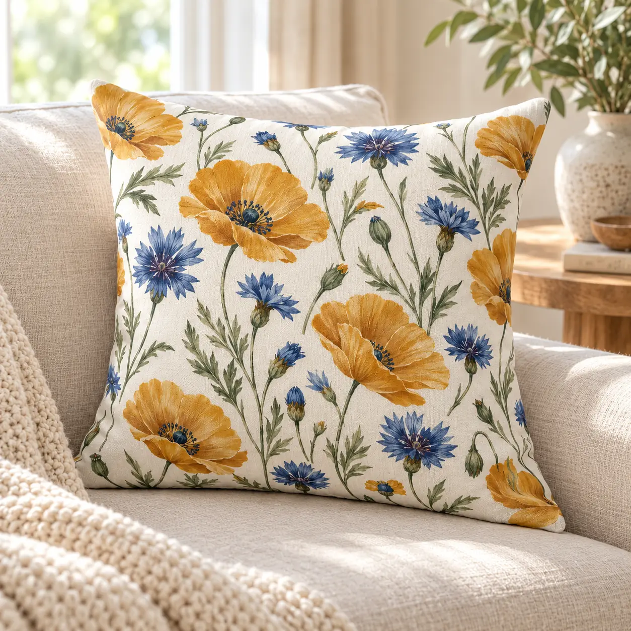 Harvest Blooms Square Throw Pillow — lifestyle view