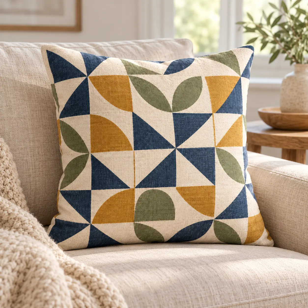 Patchwork Garden Square Throw Pillow — lifestyle view