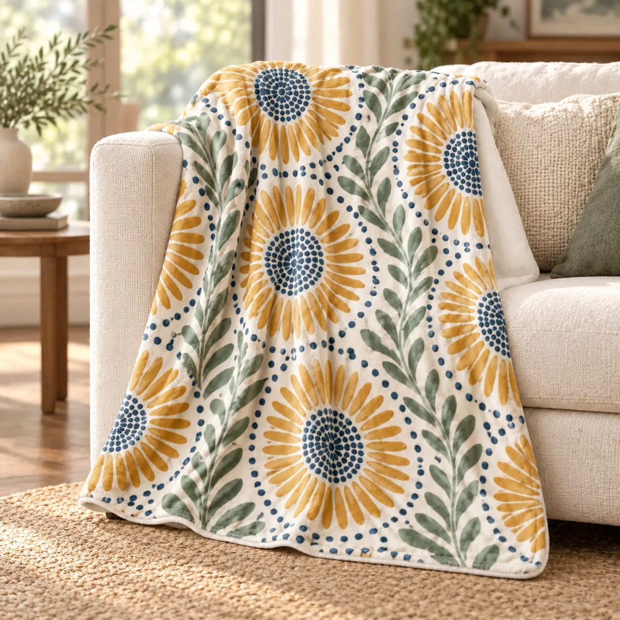 Ochre Sunburst Velveteen Plush Blanket — lifestyle view