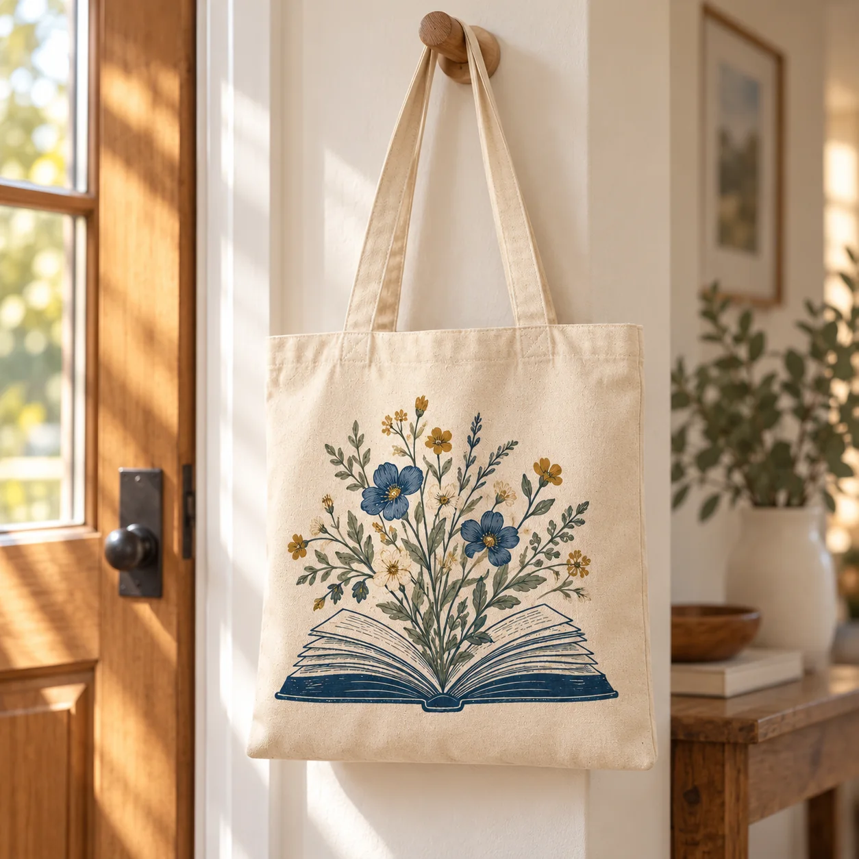 Reading Garden Natural Cotton Tote — lifestyle view