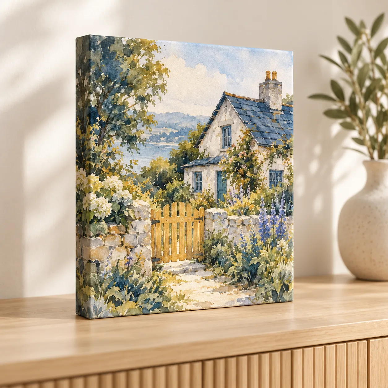 Morning Cottage Stretched Canvas Print — lifestyle view