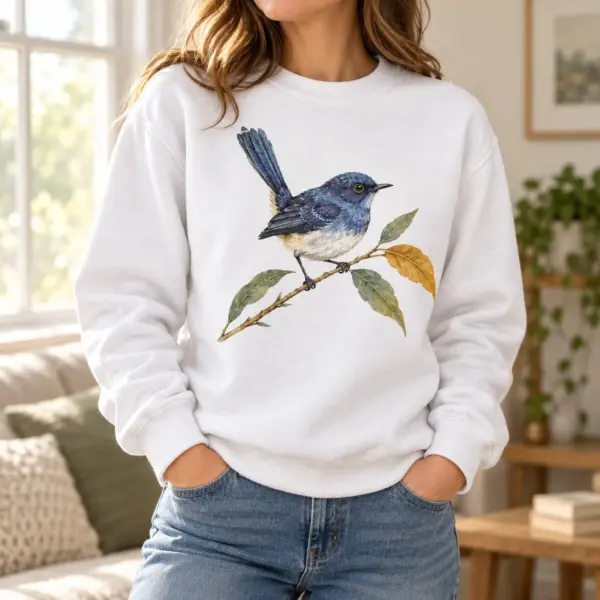 Cottage Wren Printed Crewneck Sweatshirt — lifestyle view