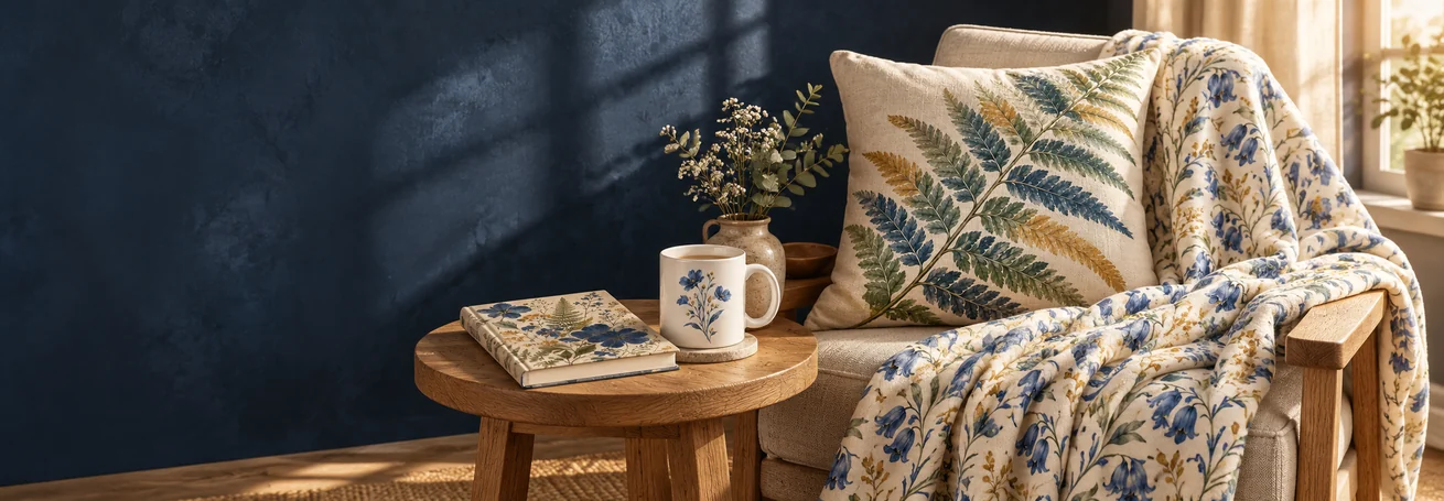 Stitchy Home botanical mug, fern pillow, bluebell throw and floral journal in a quiet living room